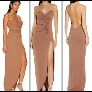 Katie May Collette Sheer Strap Sweetheart Neck Slit Cocoa Elegant Formal Gown M